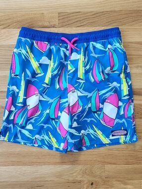 Vineyard Vines Blue Sailboat Print Boys Swim Trunks with Pink Drawstring